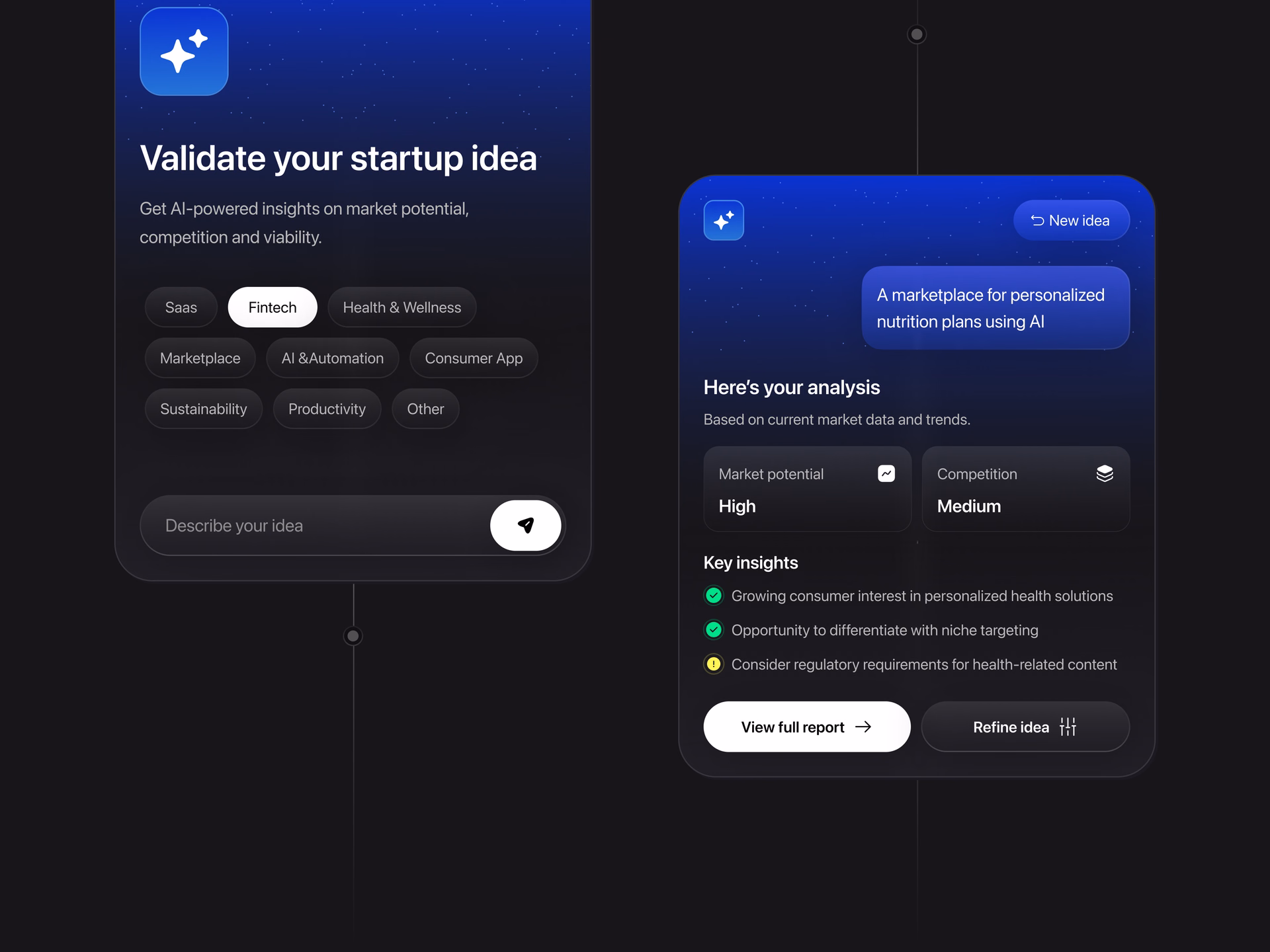 AI Startup Idea Validation Interface — DRIBBBLE UI design by Maria M (Slide 1)