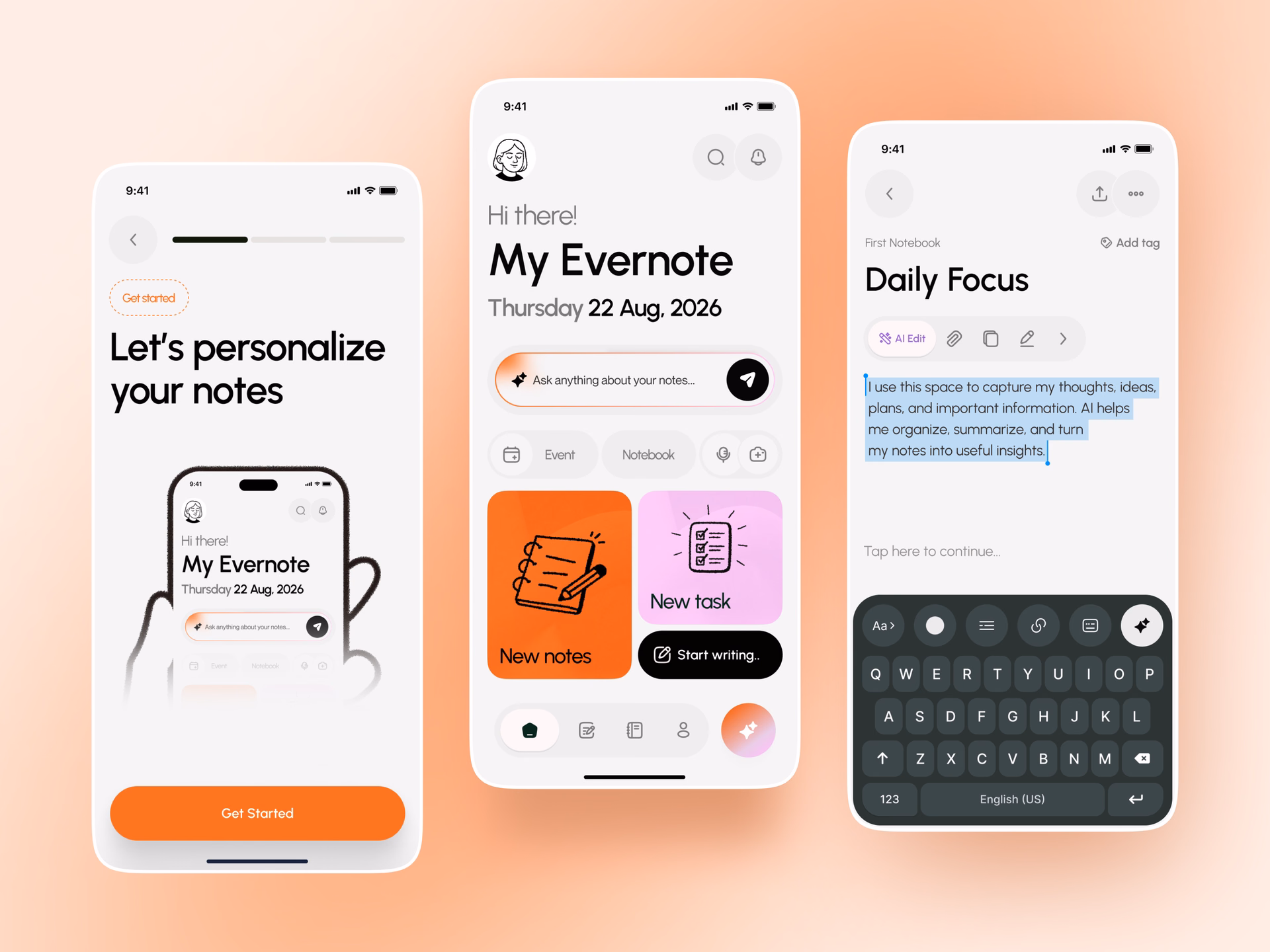 AI-Powered Notes App Mobile UI Design — DRIBBBLE UI design by BlockAI Studio (Slide 1)