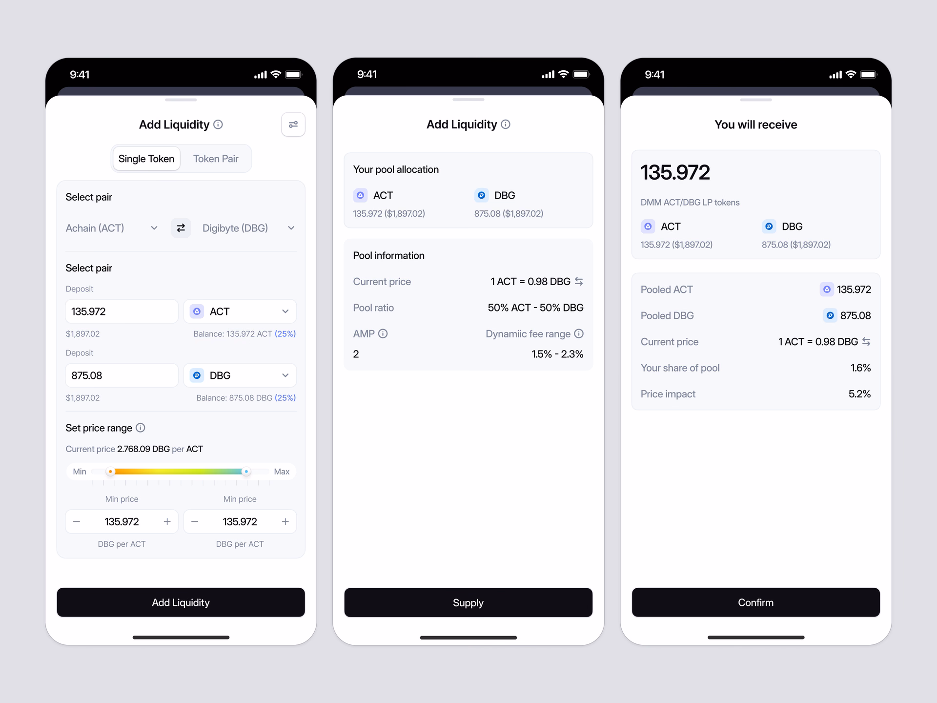 Crypto DEX Mobile App Add Liquidity Flow — DRIBBBLE UI design by Keitoto (Slide 1)