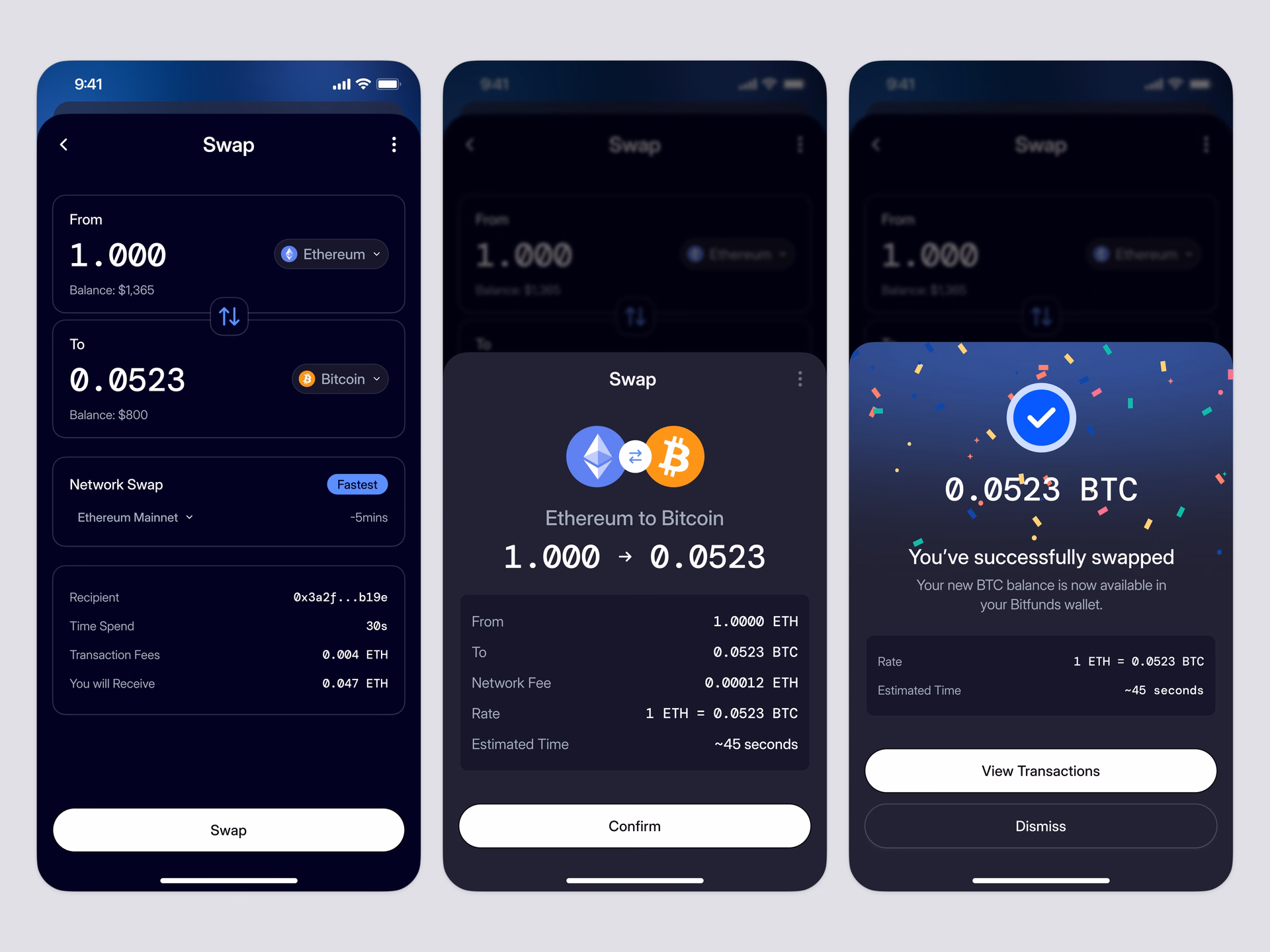 Crypto Swap Mobile App Transaction Flow — DRIBBBLE UI design by Keitoto (Slide 1)