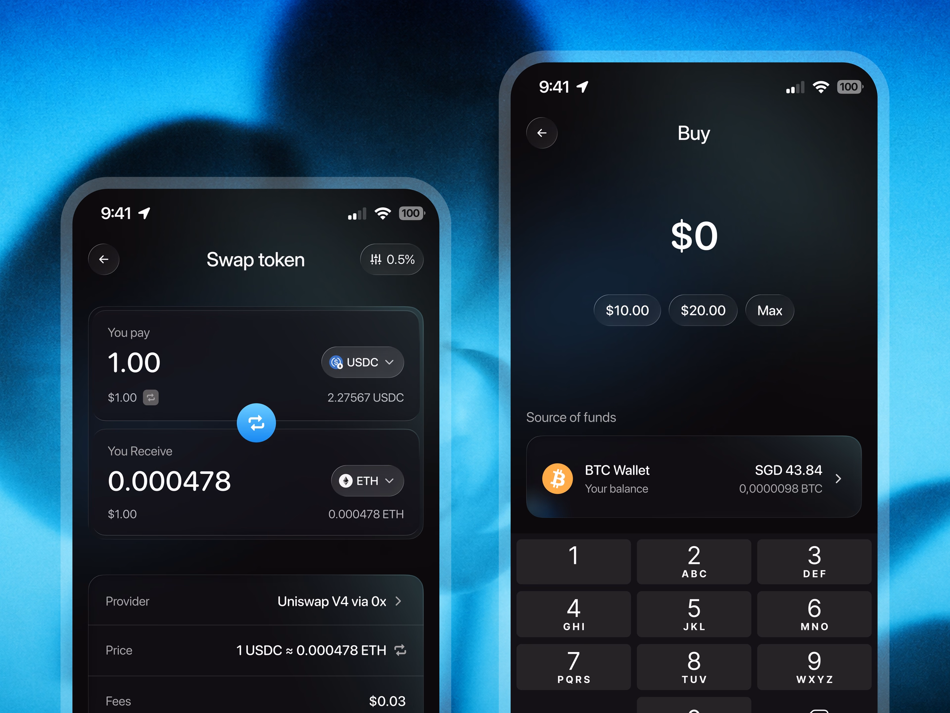 Crypto Web3 Token Swap & Buy App Screens — DRIBBBLE UI design by Keitoto (Slide 1)