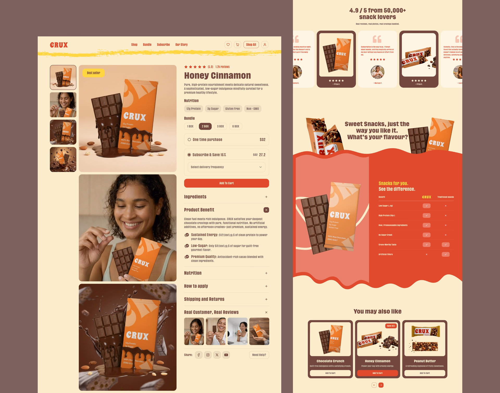 CRUX Healthy Snack E-commerce Product Detail Page — DRIBBBLE UI design by Aminur Rahman (Slide 1)