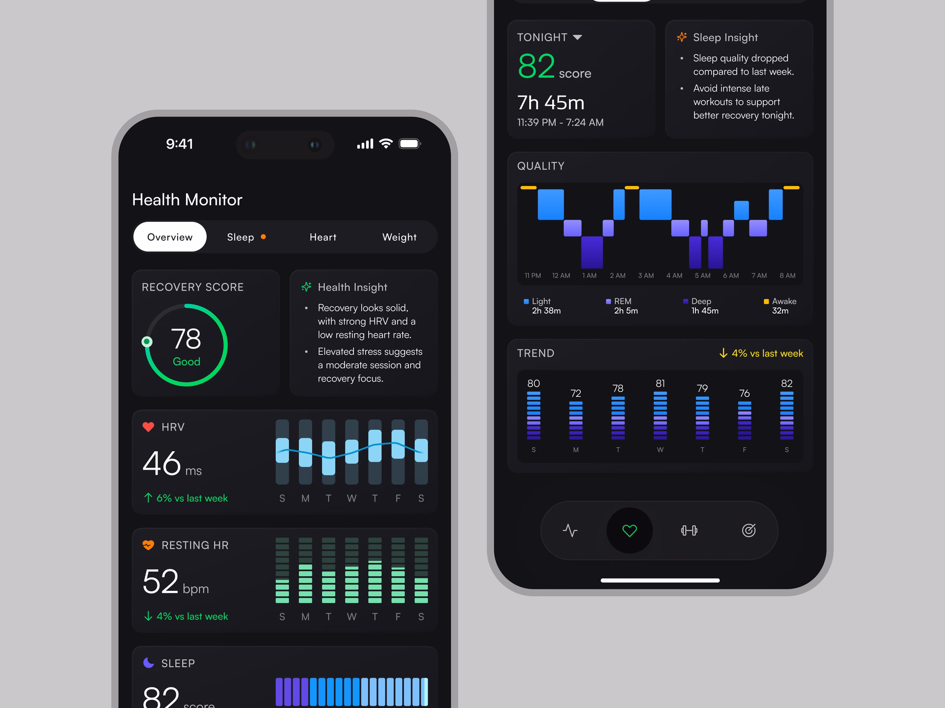 Health Monitor App Sleep & Recovery Dashboard — DRIBBBLE UI design by Excited (Slide 1)