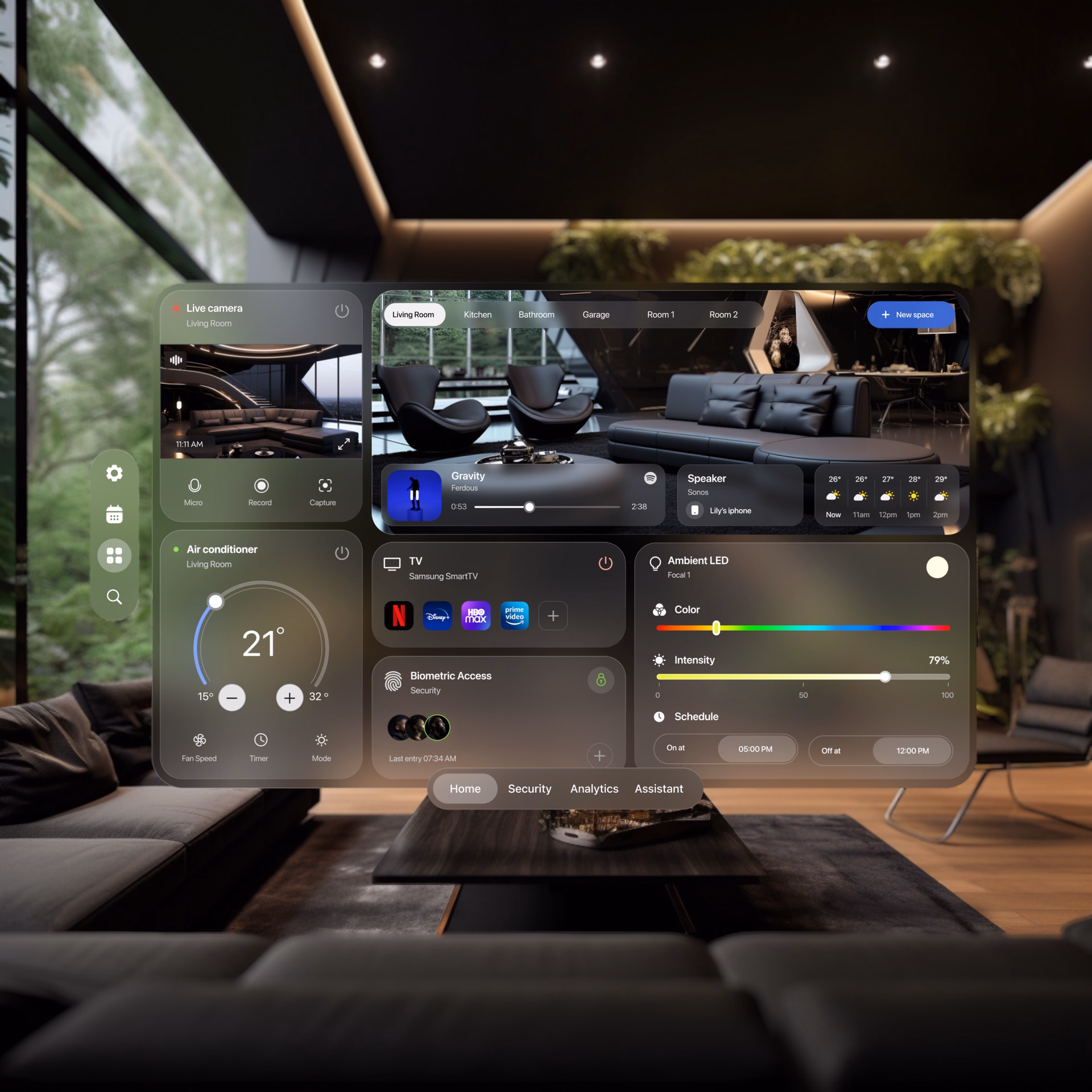 Smart Home visionOS Dashboard — DRIBBBLE UI design by Giovanni Mingo® (Slide 1)
