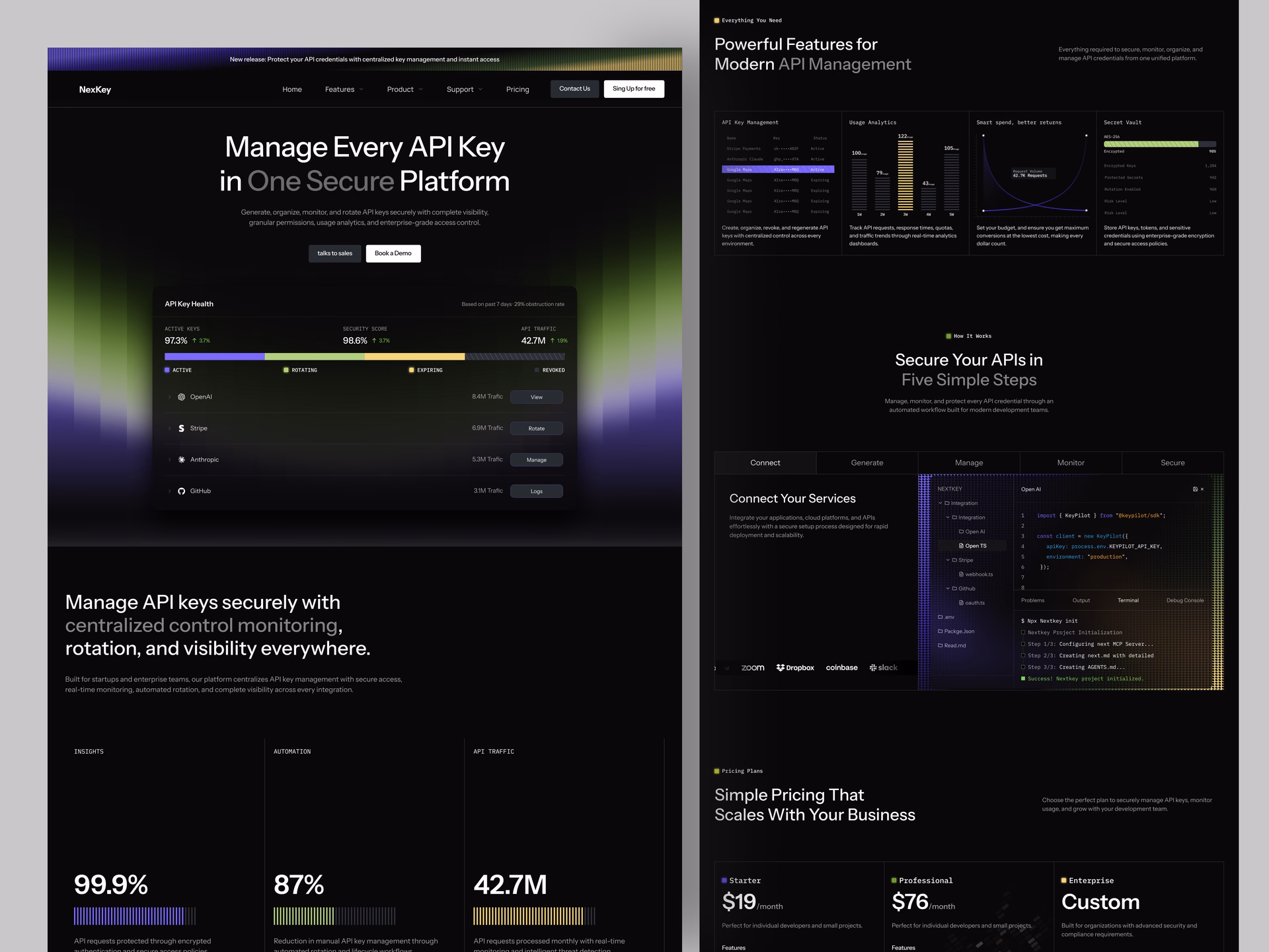 NexKey API Key Management Landing Page — DRIBBBLE UI design by Vektora Web (Slide 1)