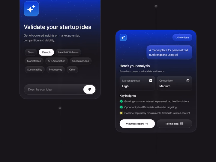 AI Startup Idea Validation Interface — UI design by Maria M
