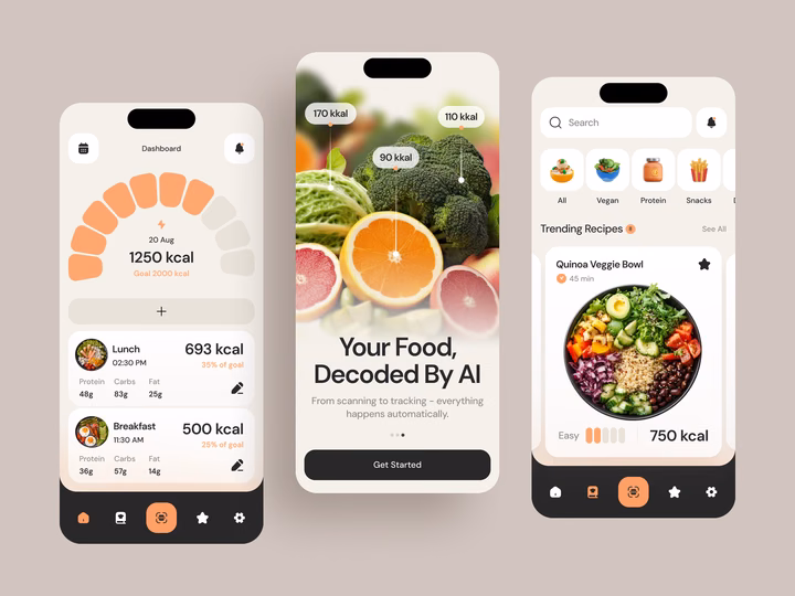 AI-Powered Nutrition & Calorie Tracking Mobile App UI — UI design by Nixtio