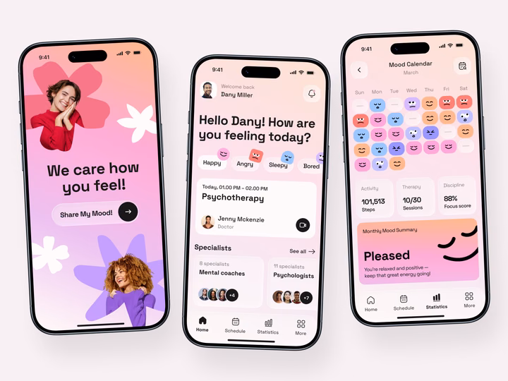 Telemedicine & Mental Health Tracking Mobile App UI — UI design by Ronas IT | UI/UX Team