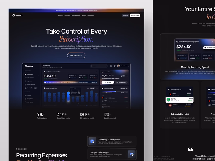 Personal Finance SaaS Subscription Management Landing Page — UI design by One Week Wonders