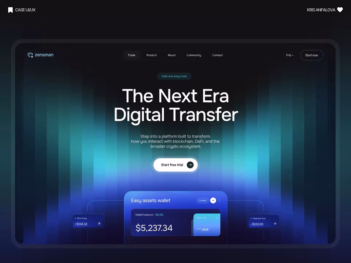 Zensman Crypto & DeFi Fintech SaaS Landing Page — UI design by Kris Anfalova
