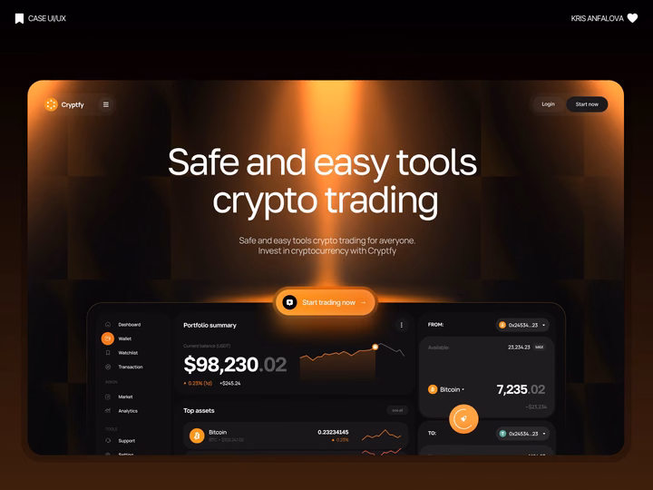 Crypto Trading Platform Landing Page UI/UX — UI design by Kris Anfalova