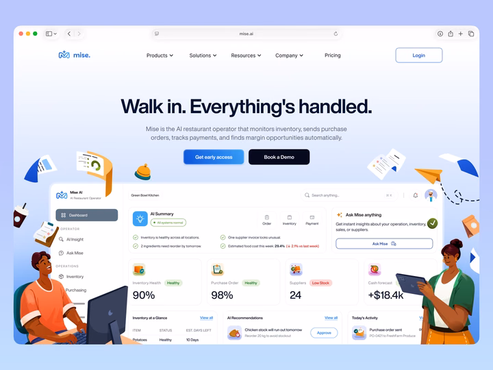 AI Restaurant Operator Landing Page & Dashboard UI — UI design by Riko Sapto Dimo