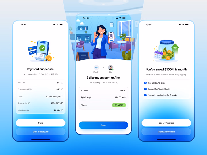 Fintech Mobile App Payment & Savings UI Concept — UI design by Orely