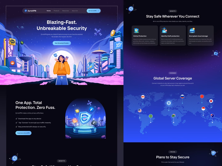 ZyrraVPN - Futuristic VPN Service Landing Page — UI design by Orely