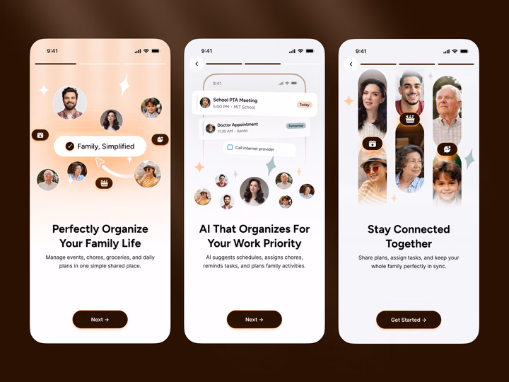 AI Family Organizer App Onboarding Mobile UI — UI design by Crevio - UX/UI Design Agency