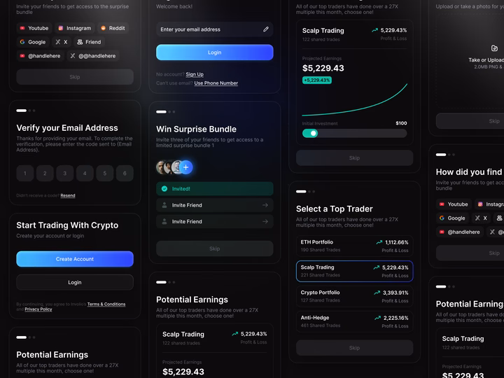 Crypto Social Trading Platform Onboarding Modals — UI design by Monty Hayton