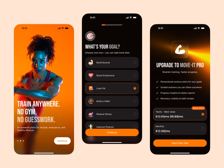 Move-It Fitness App Onboarding & Paywall Mobile UI — UI design by Orely
