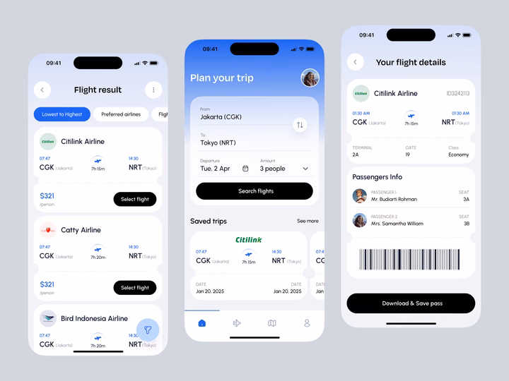 Modern Flight Booking Mobile App UI — UI design by Budiarti R.