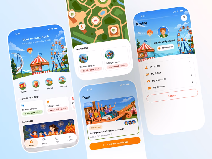 Wandr Amusement Park Mobile App UI/UX Design — UI design by Riko Sapto Dimo