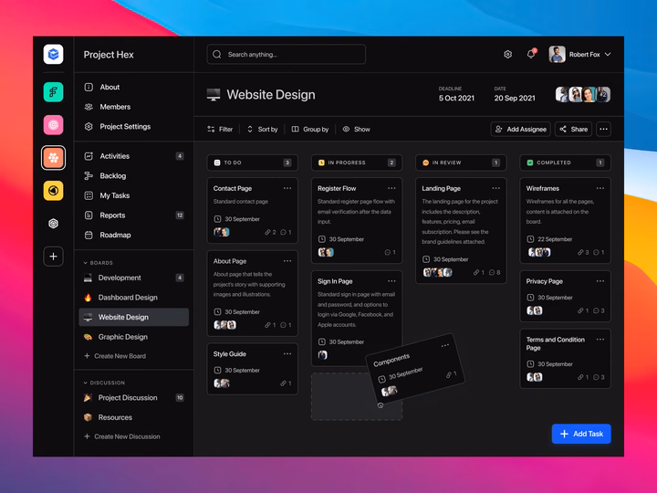 Dark Mode Project Management Kanban Dashboard UI — UI design by Arvin Aradhana