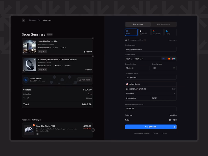 Dark Mode E-Commerce Checkout Flow & Order Summary UI — UI design by Dmitry Sergushkin