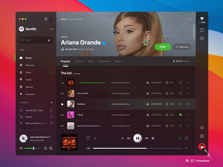 Spotify Dark Mode Music Streaming Desktop App UI — UI design by Mohammad Reza Farahzad