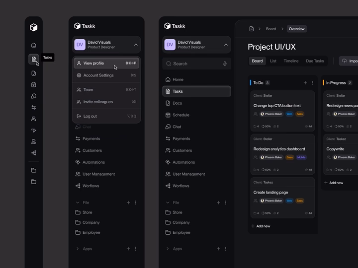Task Manager Navigation Dark Mode Interface — UI design by David Markov™
