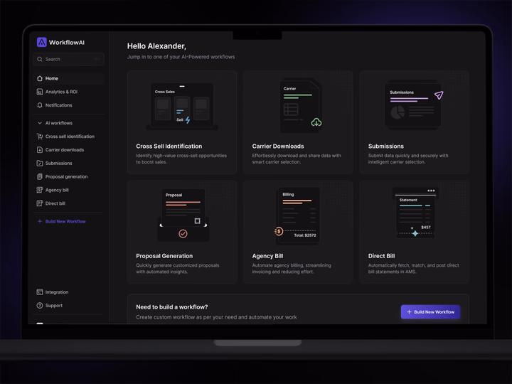 Dark Mode AI Workflow Dashboard UI — UI design by Tech Holding UX