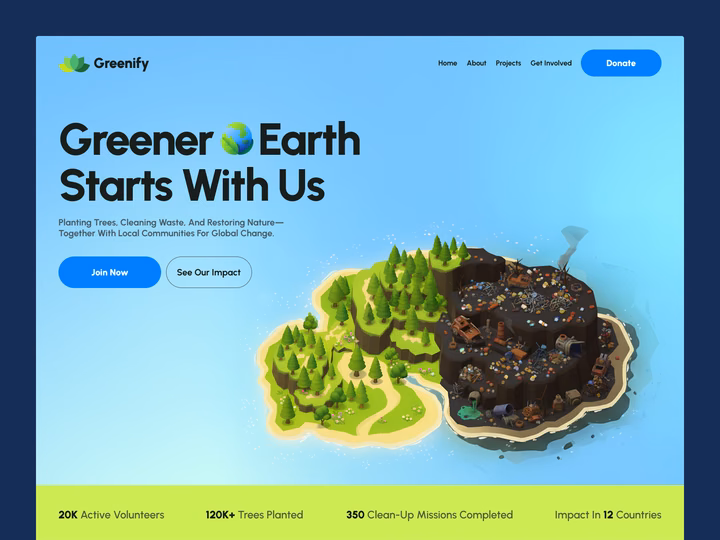 Greenify - Eco Nonprofit Web Design Hero Section — UI design by Mostafizur Rahaman