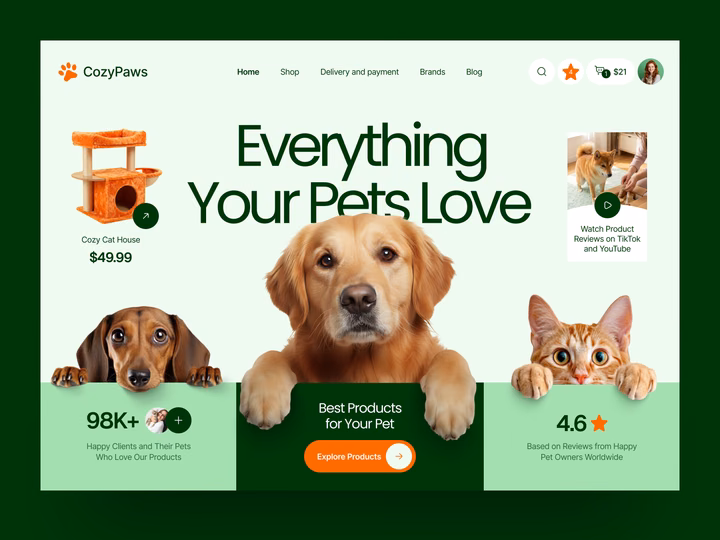 CozyPaws E-Commerce Pet Store Homepage UI — UI design by Nixtio