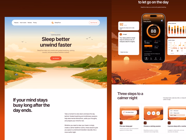 SleepFlow Wellness & Sleep App Landing Page UI — UI design by Riko Sapto Dimo
