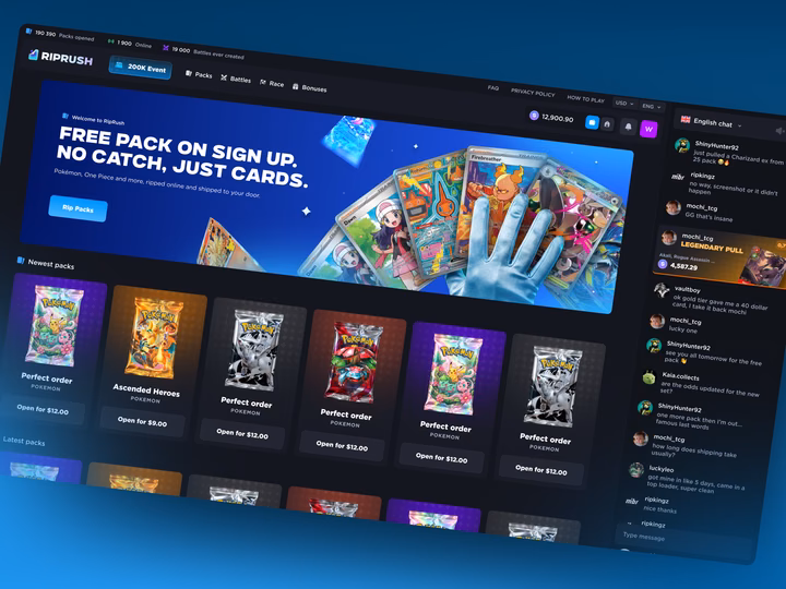 RipRush: Online TCG Pack Opening Platform UI/UX UI design inspiration