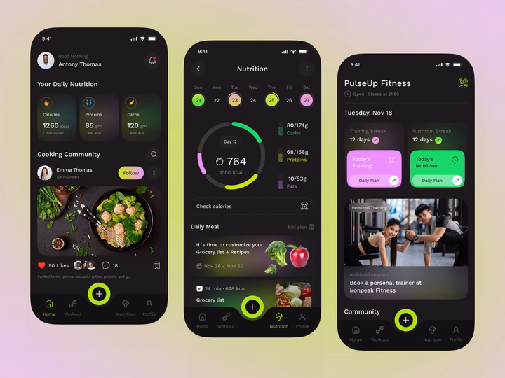 Dark Mode AI Fitness & Nutrition Mobile App UI UI design inspiration