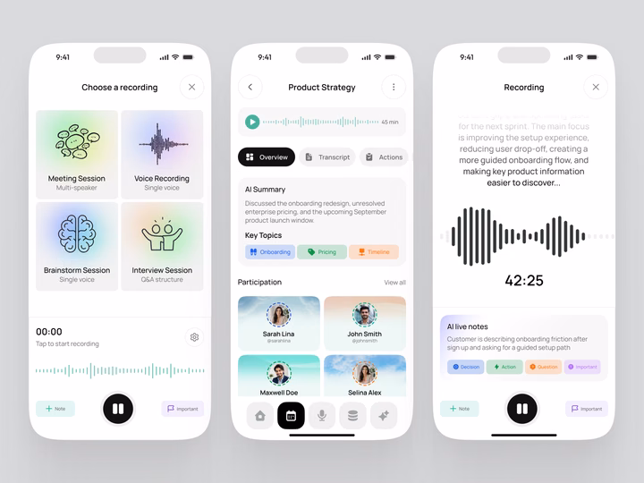 AI Meeting Notes & Voice Recording Mobile App UI design inspiration