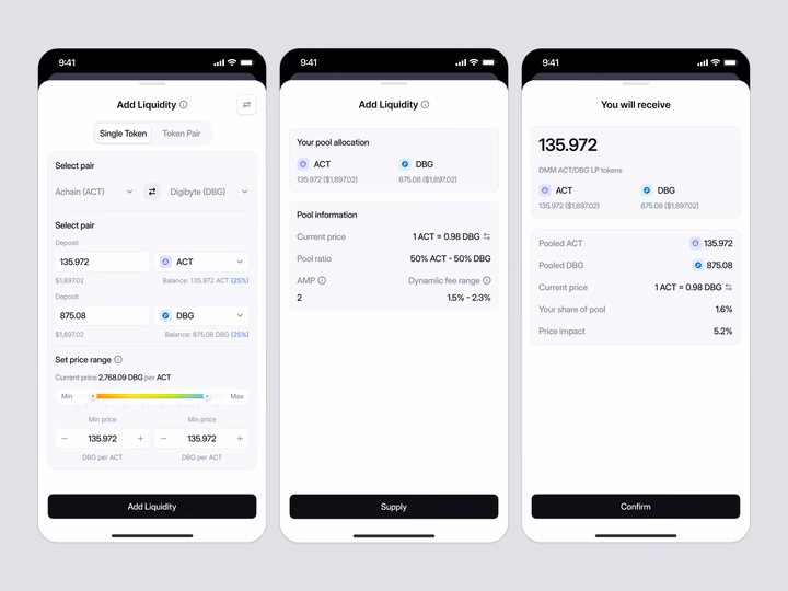 Crypto DEX Mobile App Add Liquidity Flow design by Keitoto