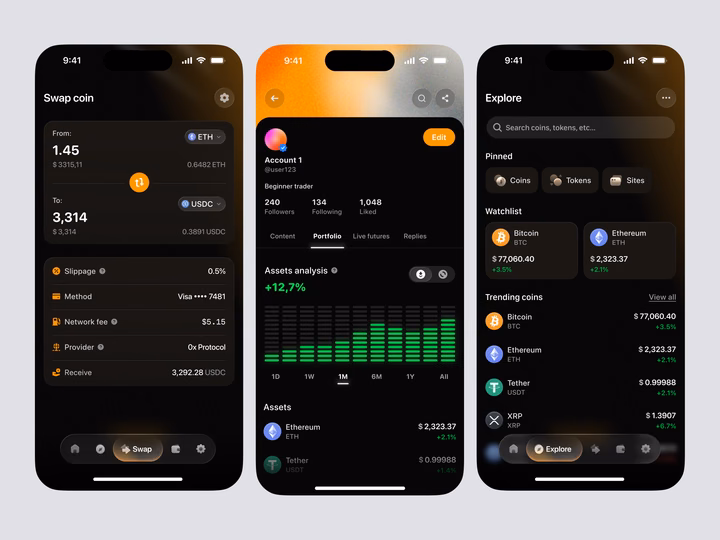 Crypto Exchange Mobile App Swap & Portfolio Dashboard design by Keitoto