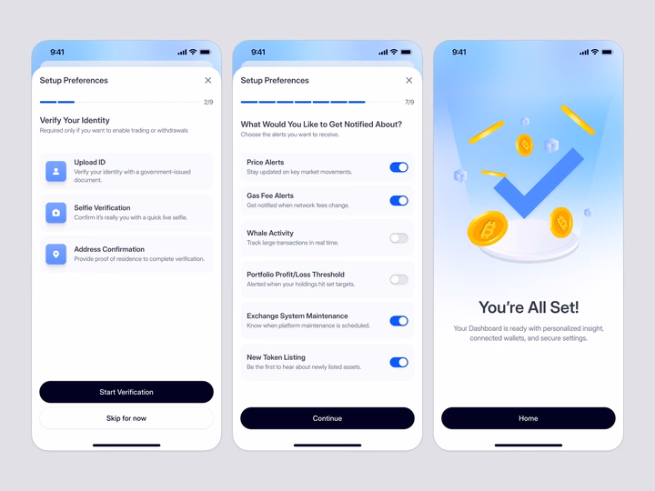 Crypto App Onboarding & Setup Preferences Flow design by Keitoto