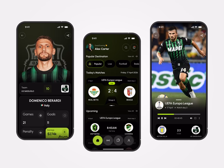 Sports Streaming App Football Screens design by Sujon Hossain