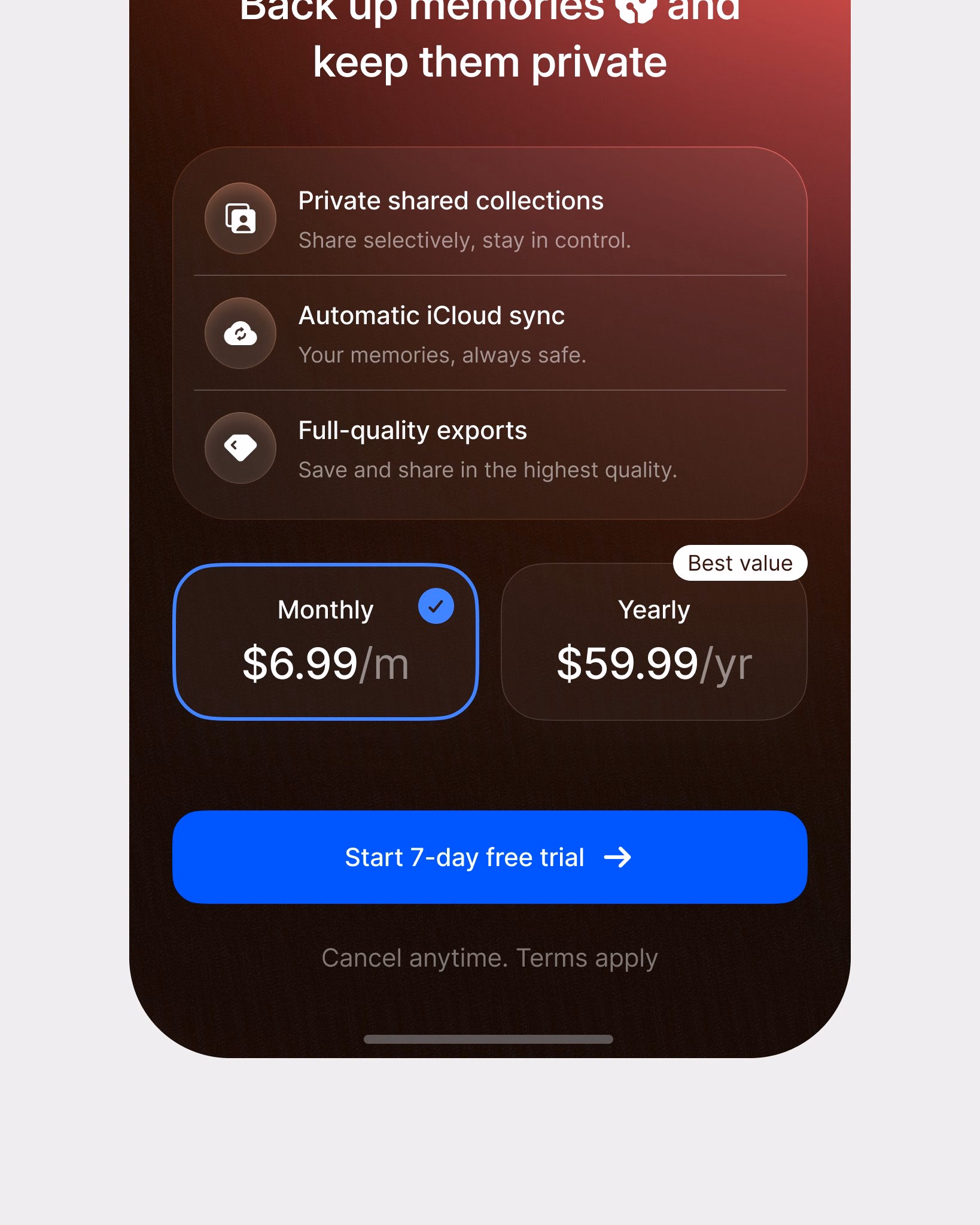 Memory Cloud Subscription Screen — X UI design by Michael Nowak (Slide 2)