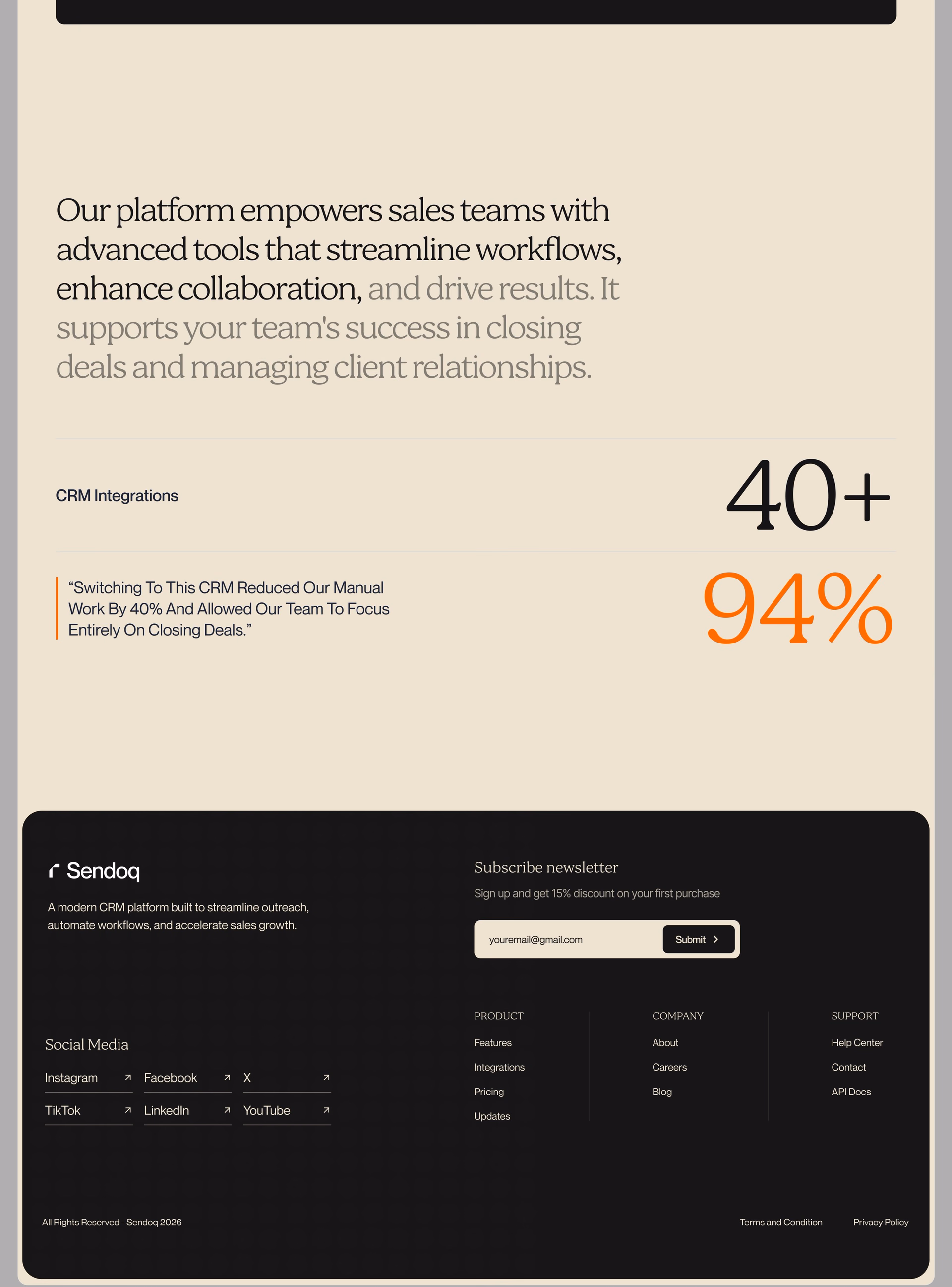 Sendoq AI CRM Landing Page — X UI design by Abdul Saboor (Slide 4)