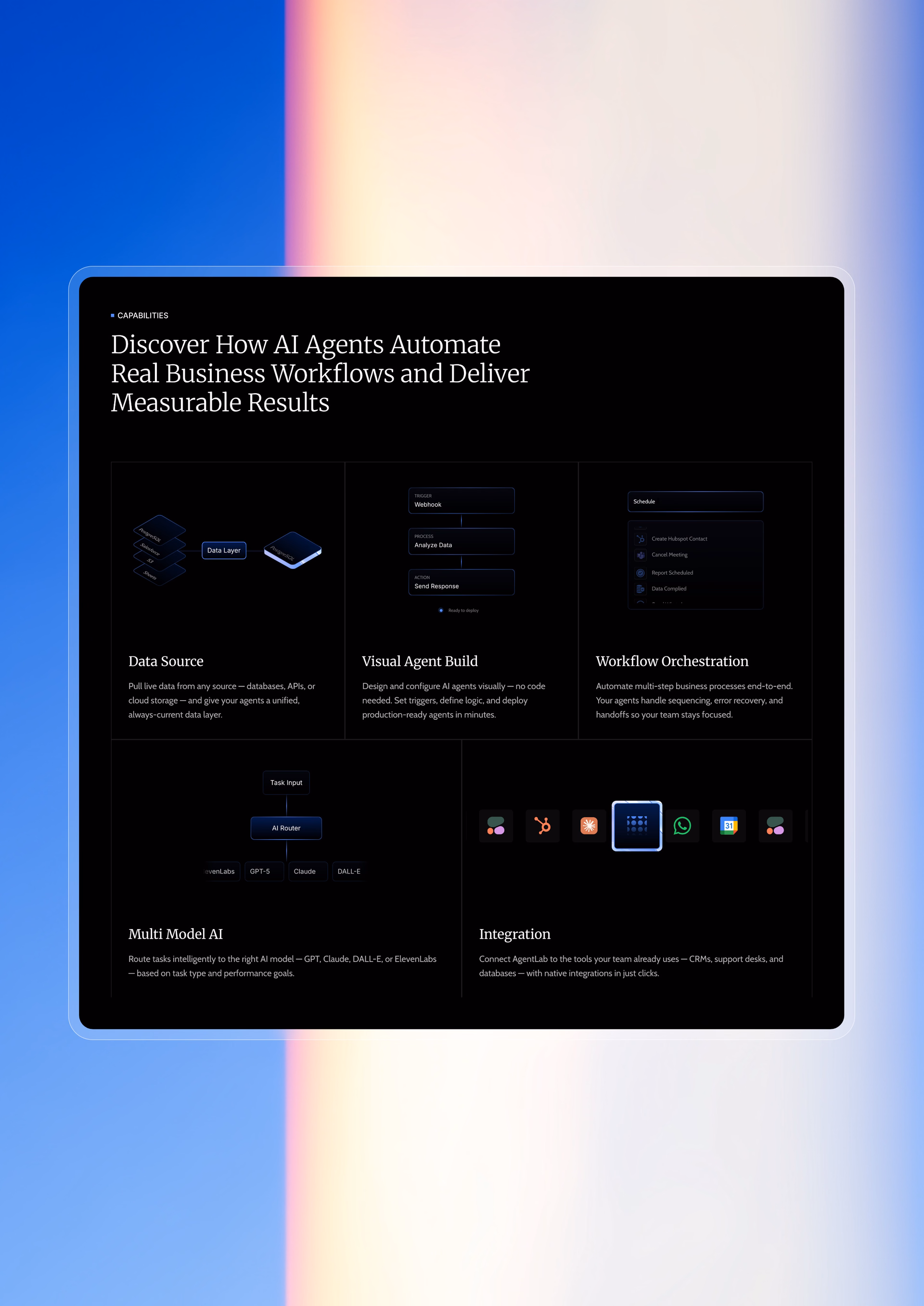 AgentLab AI Agent Platform Product Page Web UI — X UI design by Amani • Design Partner (Slide 3)