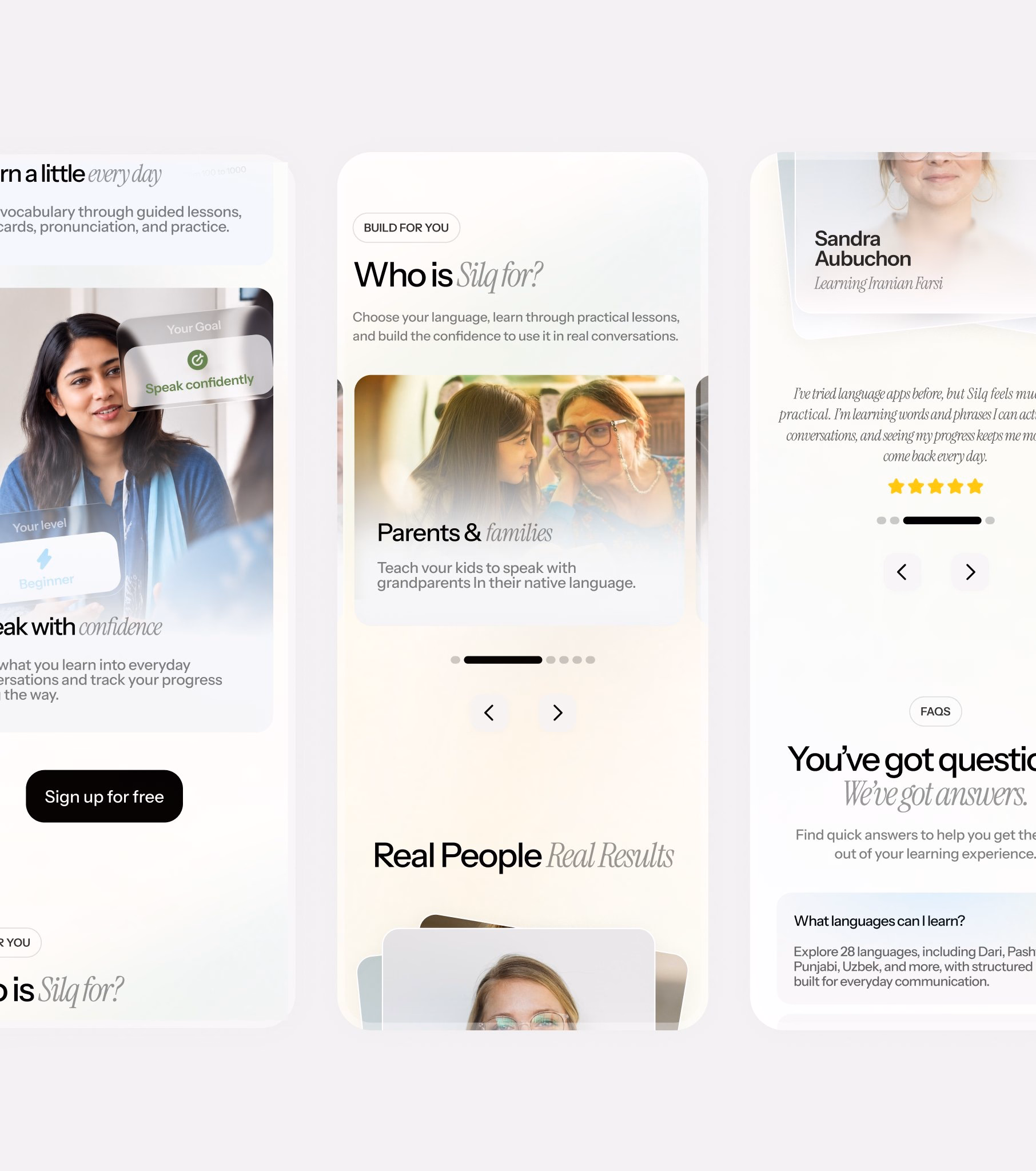 SpeakSilq Mobile-First Language Learning Landing Page — X UI design by Amena (Slide 3)