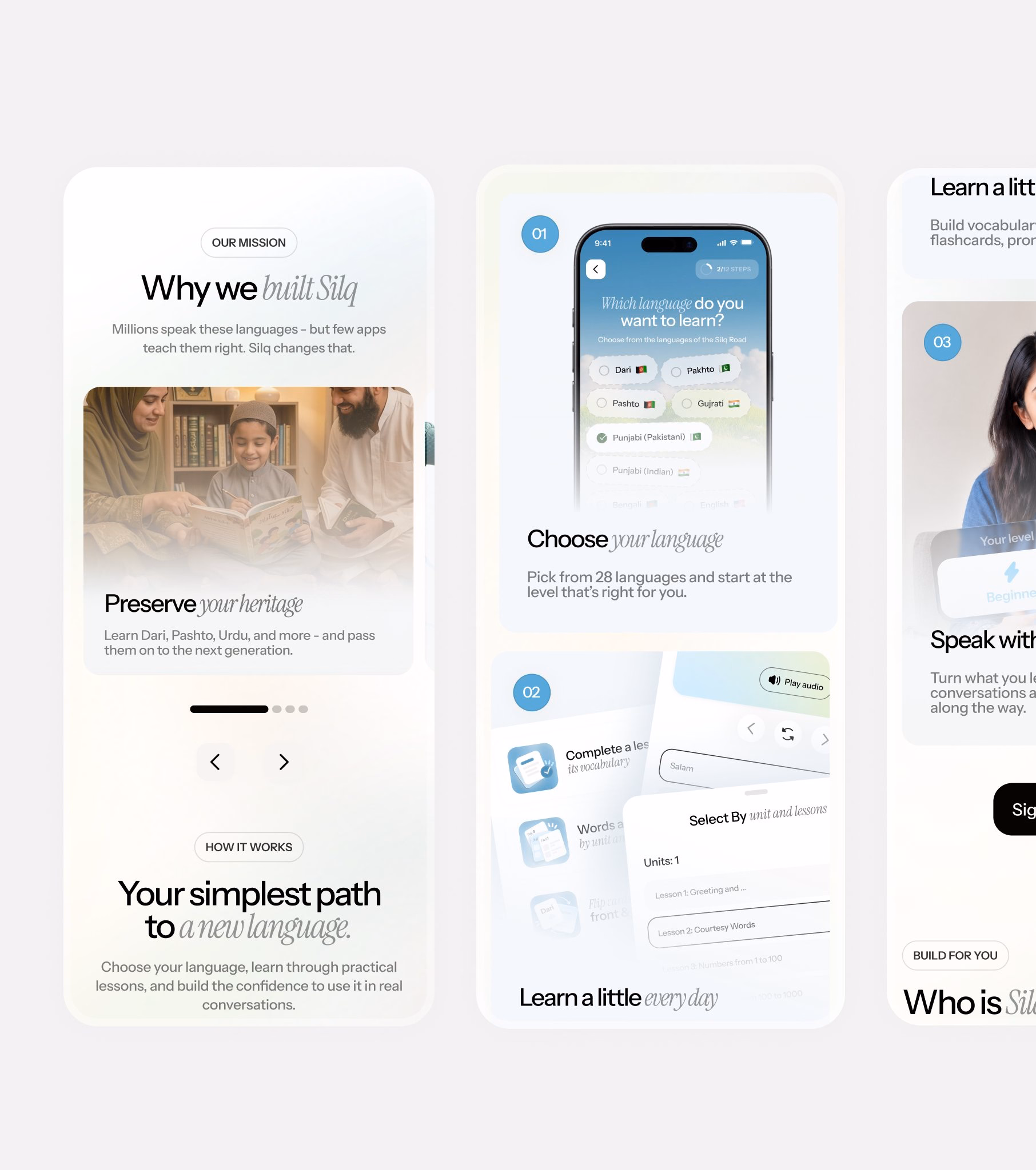 SpeakSilq Mobile-First Language Learning Landing Page — X UI design by Amena (Slide 2)