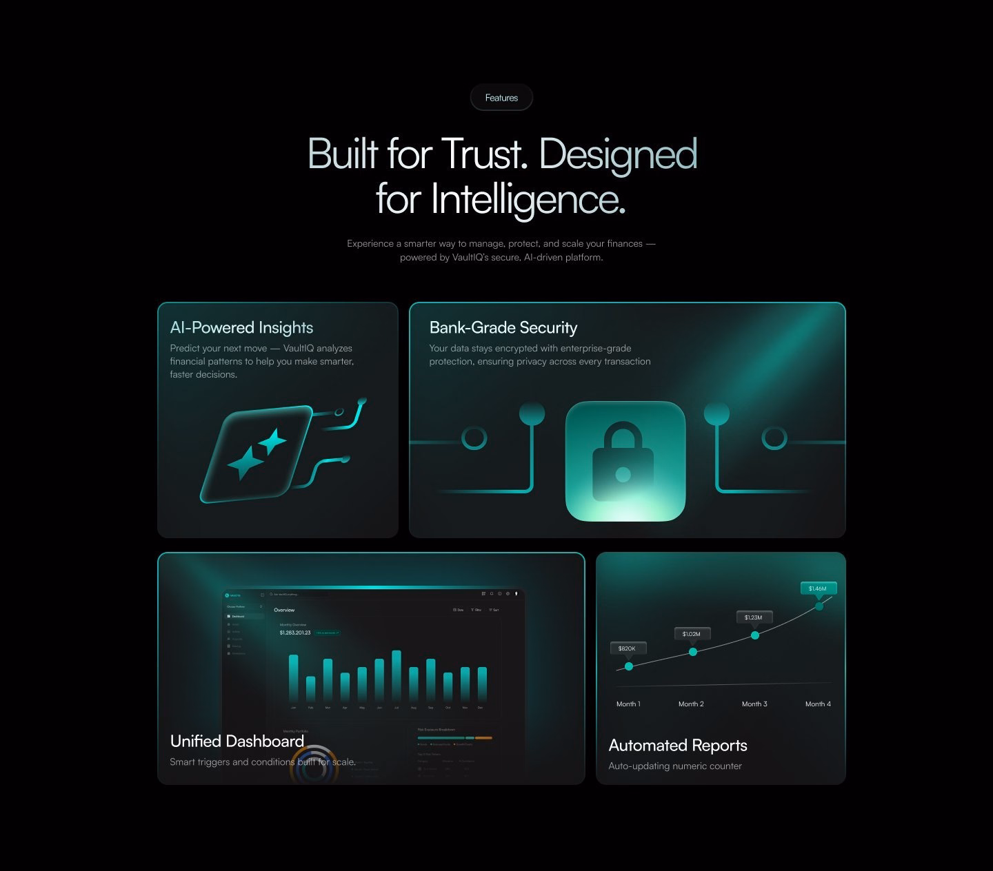 Fintech SaaS Bento Grid Features Landing Page — X UI design by alex peña (Slide 1)