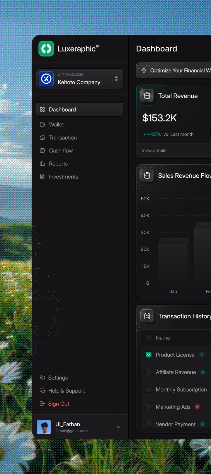 Dark Minimalist Financial Dashboard — UI design by Farhan