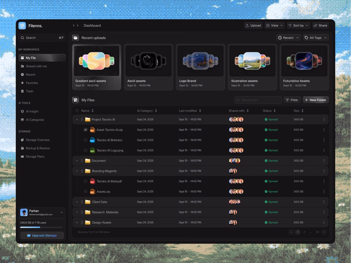Filenns Dark Mode File Manager Dashboard — UI design by Farhan