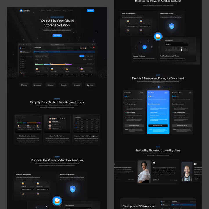 AeroBox Cloud Storage SaaS Landing Page — UI design by Farhan
