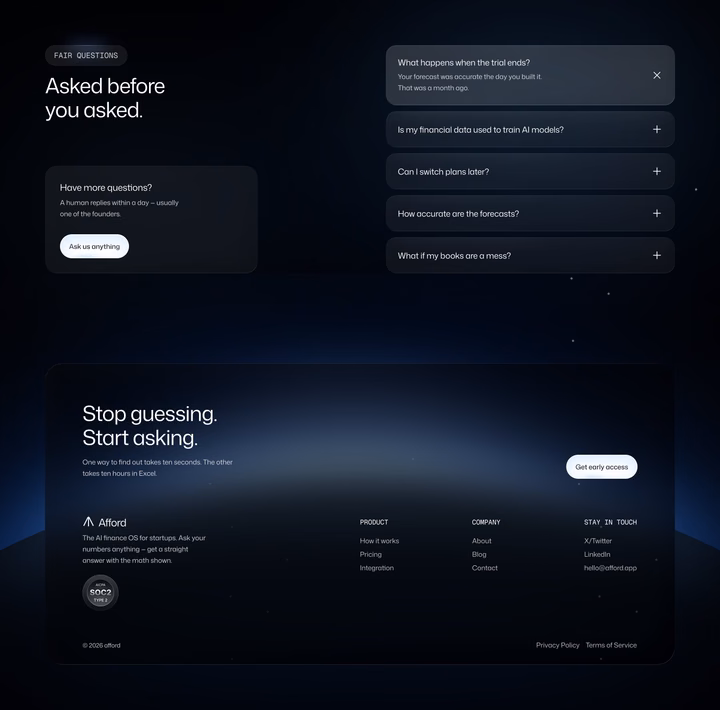 Afford AI SaaS Footer and FAQ Section Design — UI design by Andrii