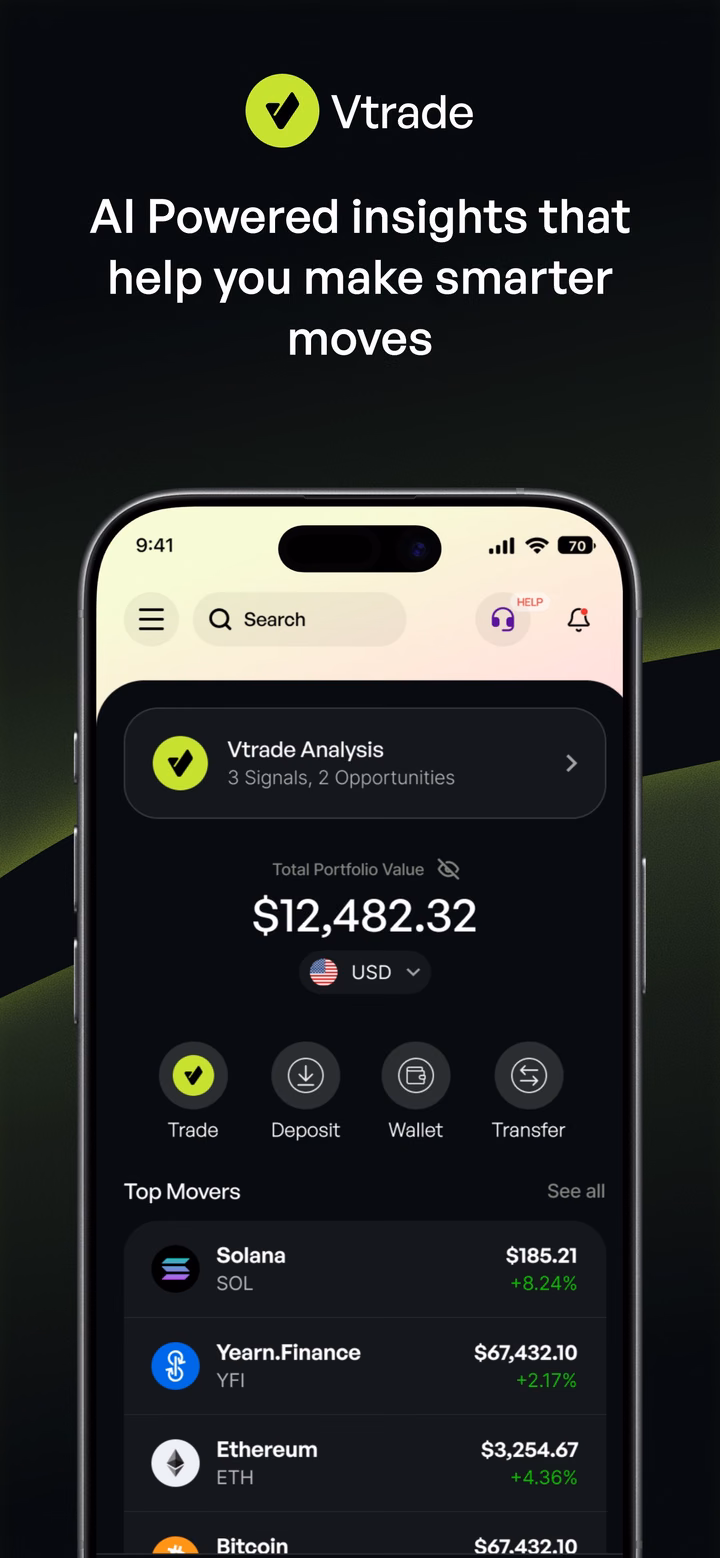 Vtrade AI Crypto Trading Mobile App Interface — UI design by Vicko | Product Designer (UI/UX)