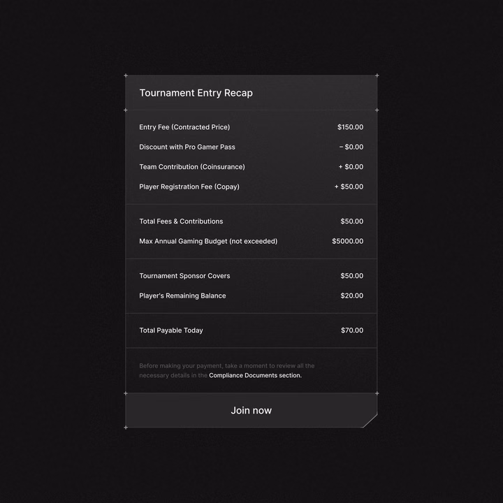 Tournament Entry Recap Billing Card — UI design by Sai Satvik